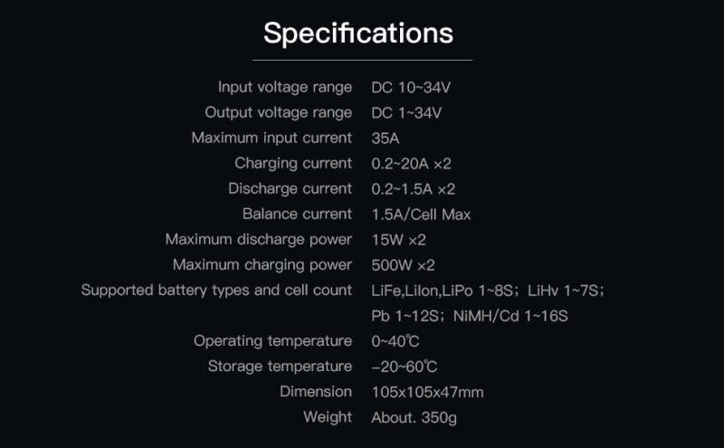 P20 Lipo Charger,DC 500WX2 20A Smart Charger for LiFe, LiIon, LiPo(1-8S)/LiHv(1-70S)/Pb(1-12S); NiMH/Cd(1-16S) Batteries