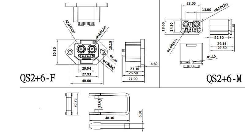 QS2+6 Female 6.0mm golden anti-spark 100A high current connector with 6P signal pins
