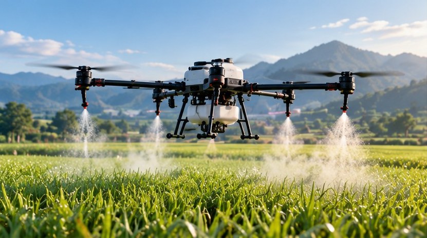 Agricultural spraying drone flying over a rice field