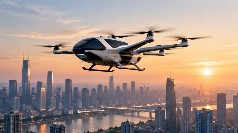 eVTOL aircraft flying over a city skyline at sunset
