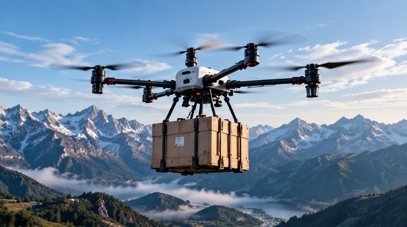 Heavy-lift drone carrying a cargo crate over mountain range