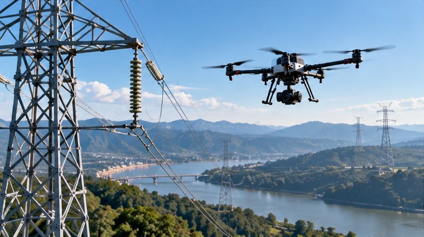 Inspection drone hovering beside a high-voltage transmission tower