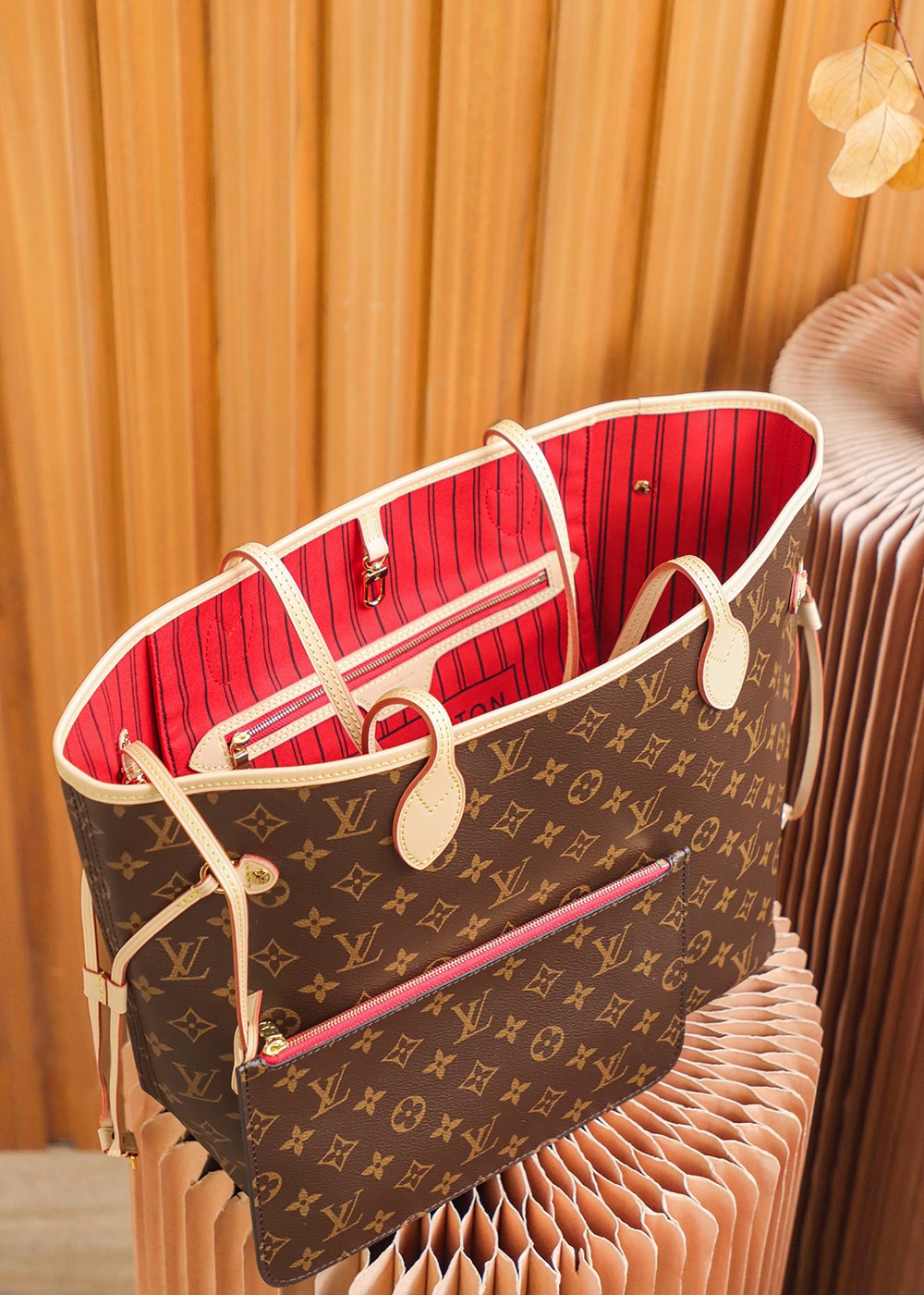 M41177 LV Neverfull MM Ladies Tote Bag Cherry 31x28x14cm