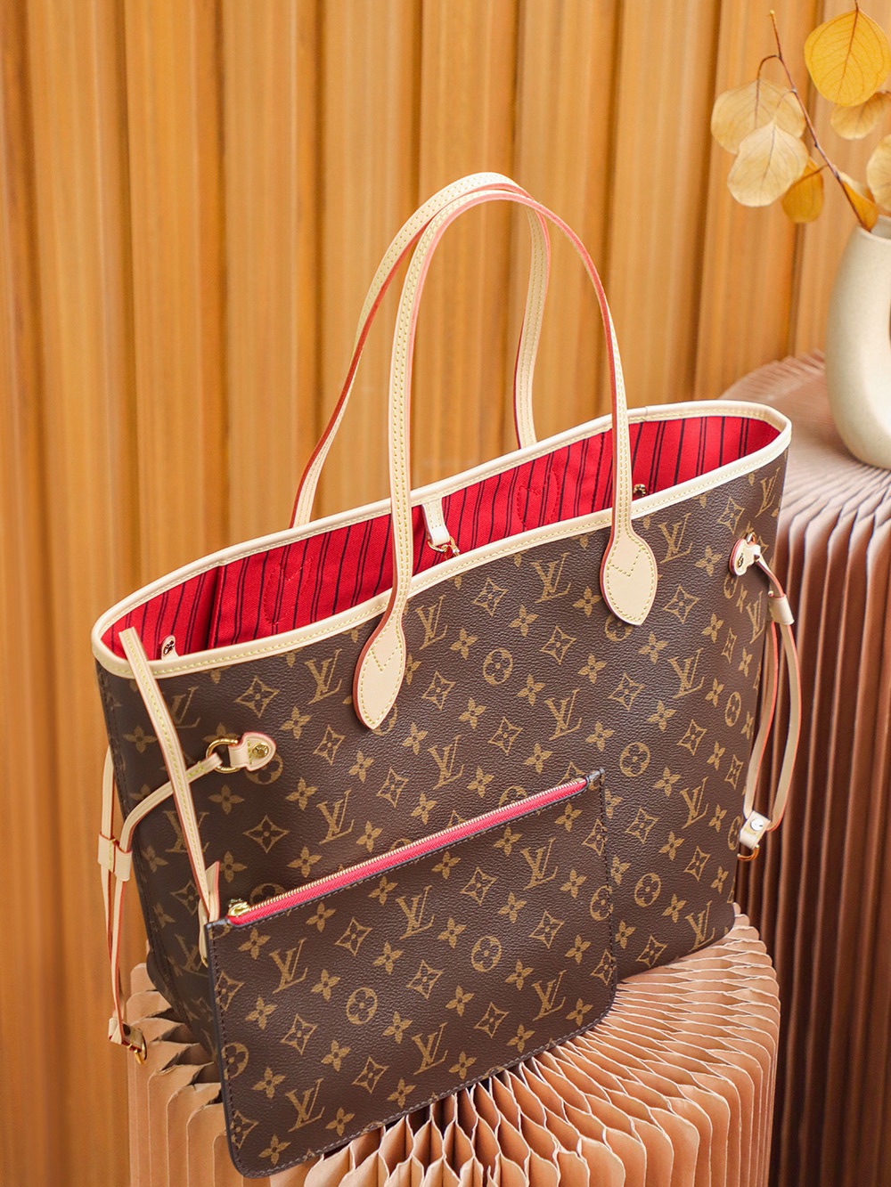 M41177 LV Neverfull MM Ladies Tote Bag Cherry 31x28x14cm