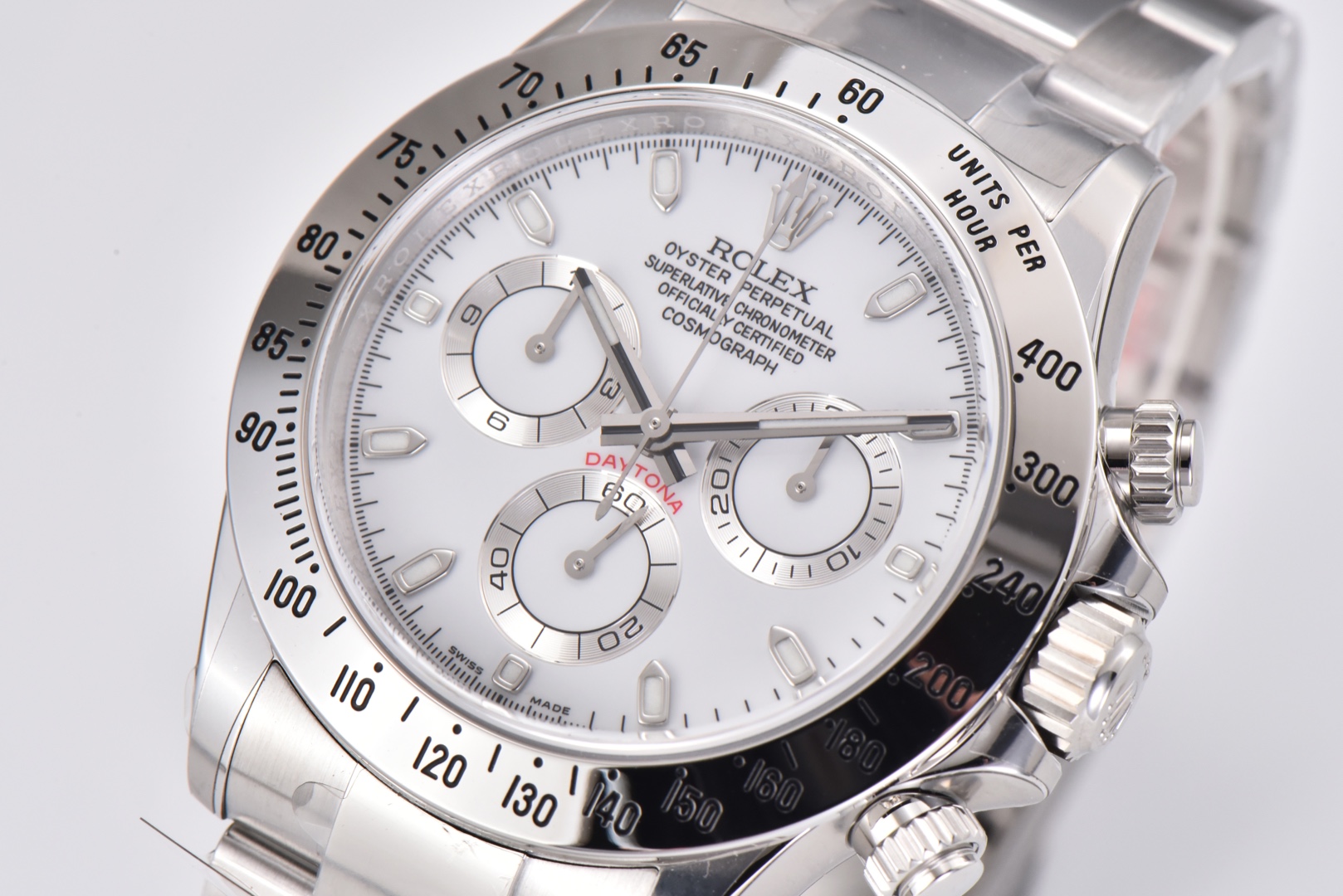 Ro1ex Daytona 40mm White Gold Bezel White Dial Steel Strap 116520