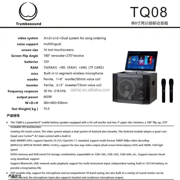 Touchscreen Series TQ08 Portable 8 12 Inch Two-way loudspeaker loaded with 1x8 inch woofer and 2x3 inch HF compression driver