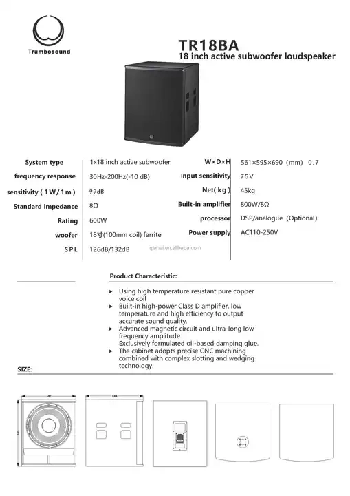 Active TR Series 10 12 18 Inch TR18BA Big 18 Inch Deep Bass Subwoofers RMS 600W DJ Audio Club Bar Home Theatre Monitor Speakers