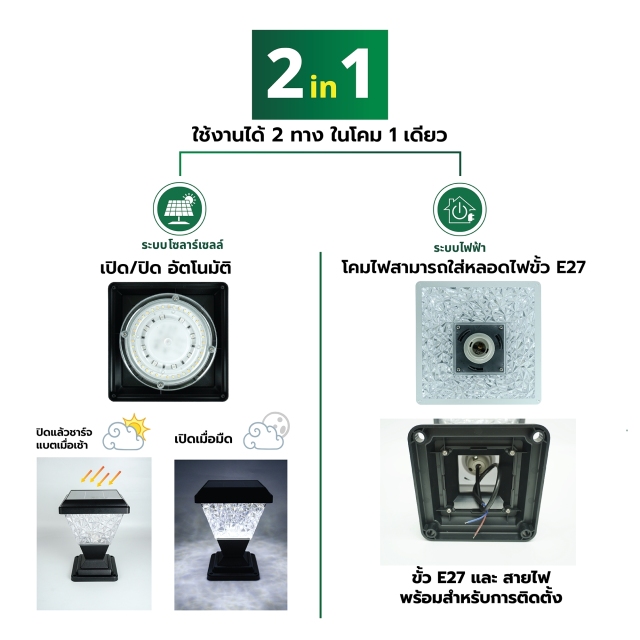 HIET Solar Light โคมไฟหัวเสา Square RGB + ขั้ว E27