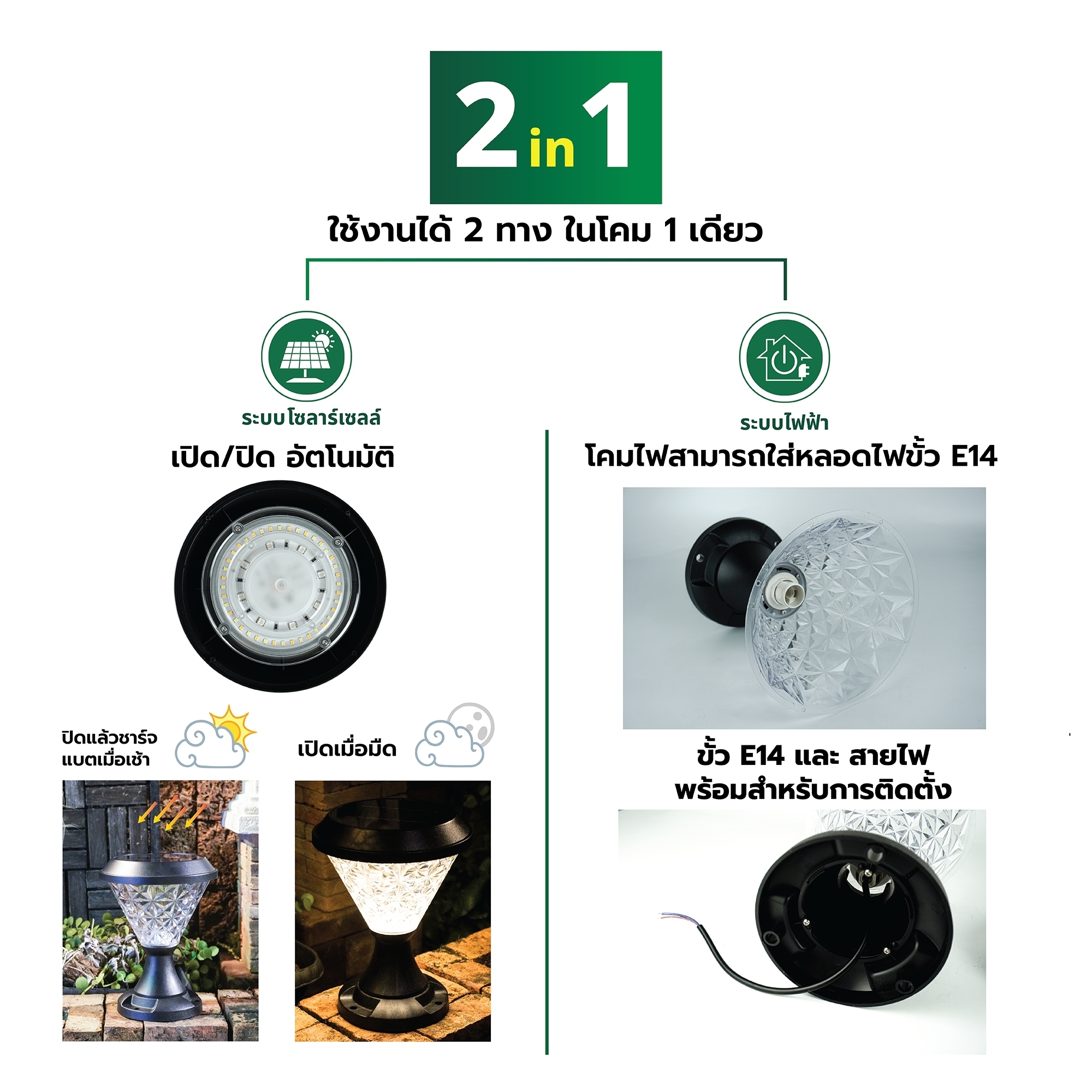 HIET Solar Light โคมไฟหัวเสา Round RGB + ขั้ว E14