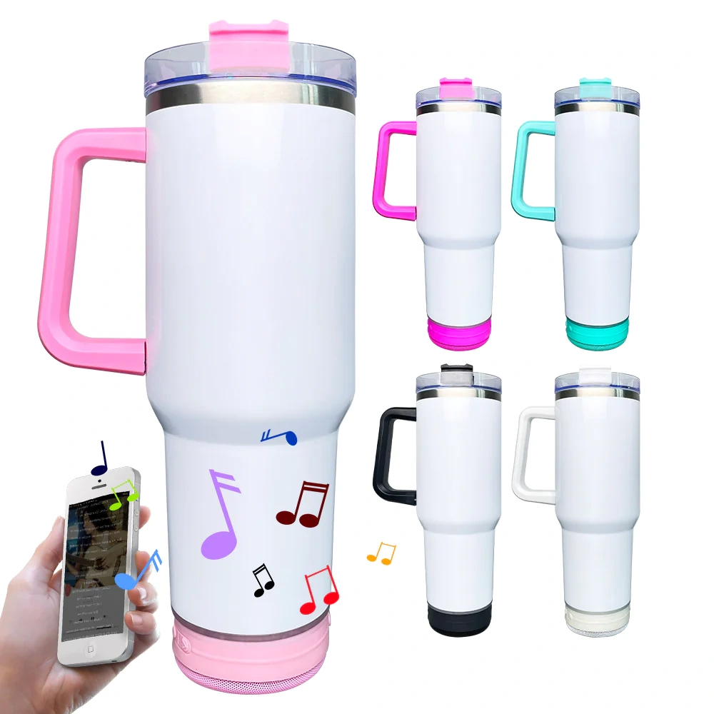 40oz blank sublimation Bluetooth Speaker tumblers with plastic Straw