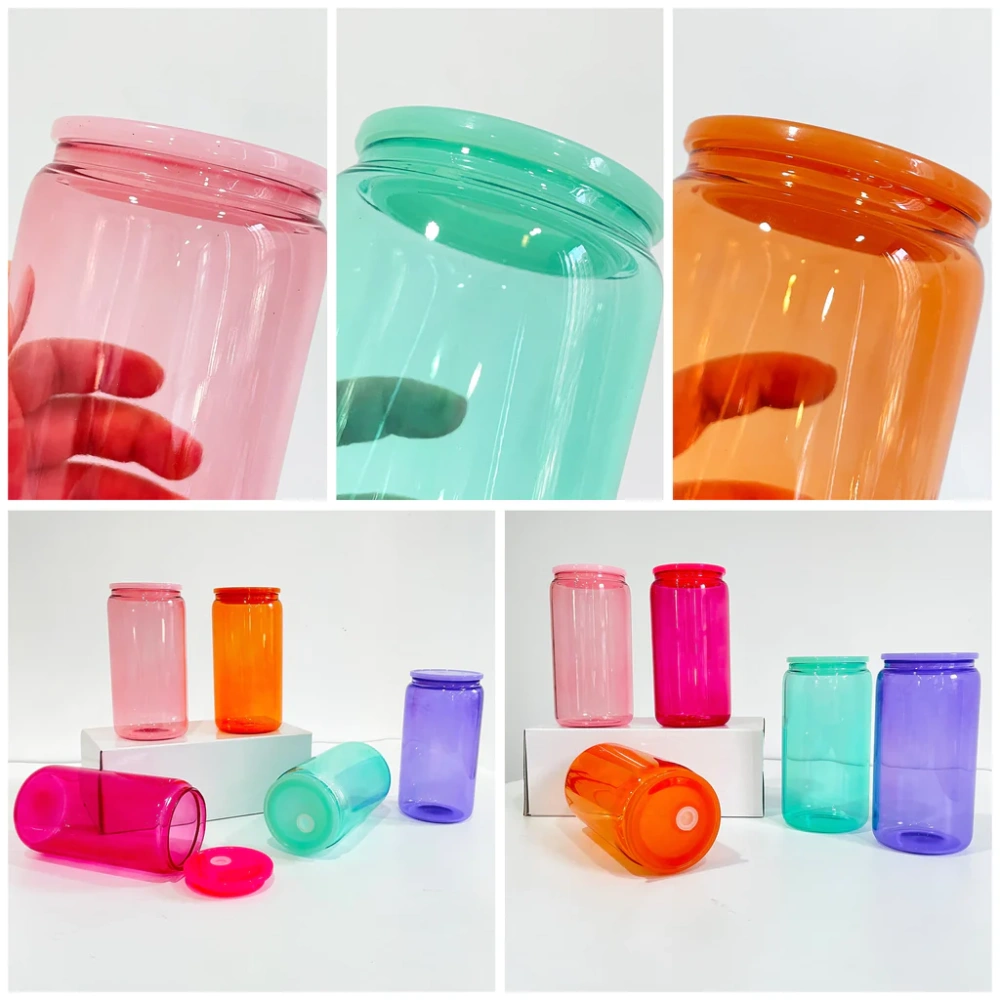 16oz Colored Jelly blank sublimation glass cans in candy colors with PP lids