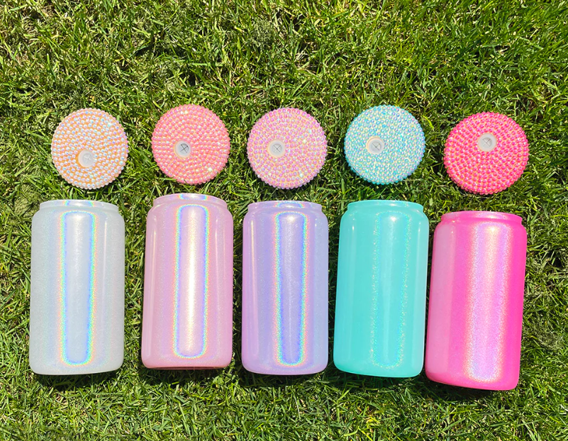 16oz Bling Lid Holographic Shimmer White Glitter Blank Sublimation Glass Can