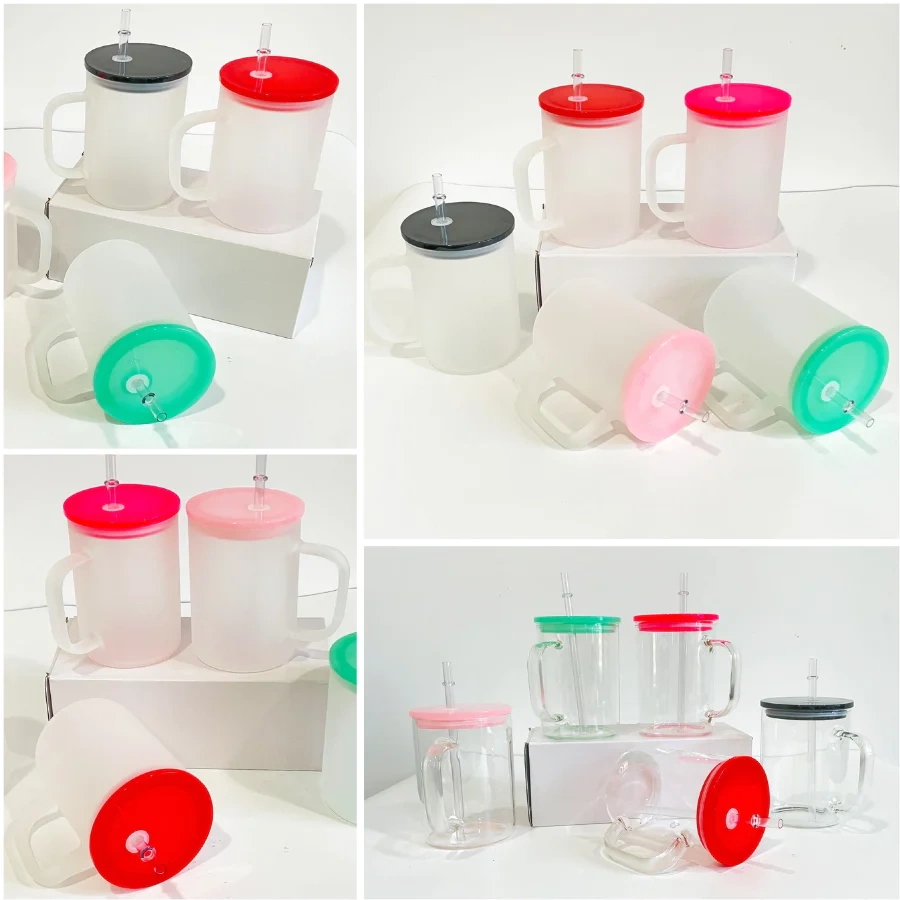 17oz clear/frosted blank sublimation Glass mugs with colorful PP lids