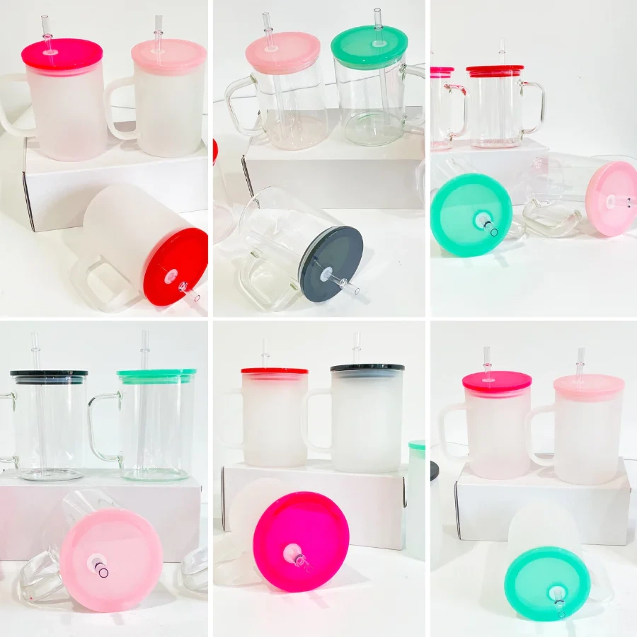17oz clear/frosted blank sublimation Glass mugs with colorful PP lids
