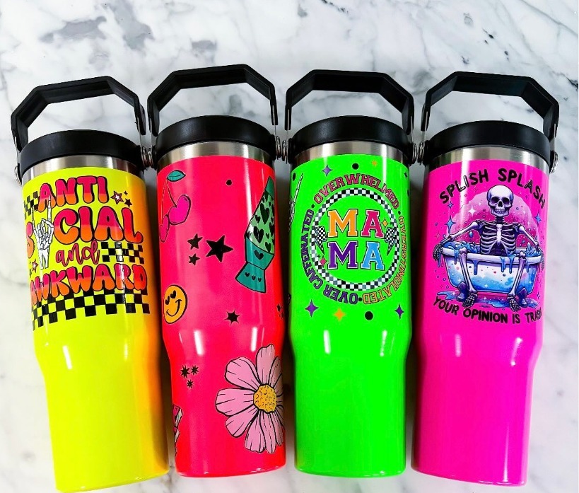 30oz neon colors flip straw water bottles blank sublimation kids tumblers