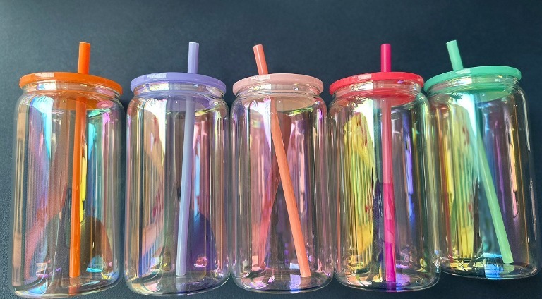 16oz rainbow iridescent glass cans for sublimation and uv dtf wraps