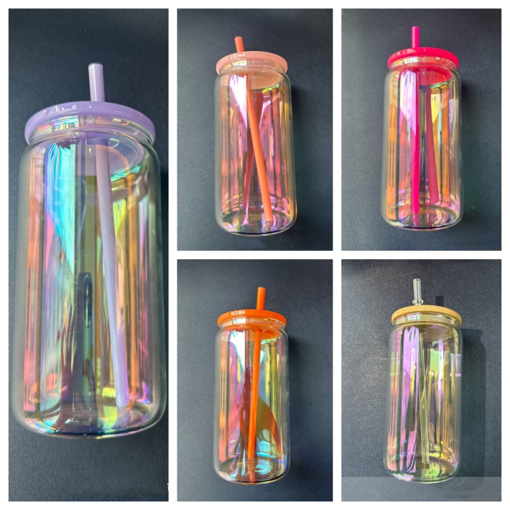 16oz rainbow iridescent glass cans for sublimation and uv dtf wraps