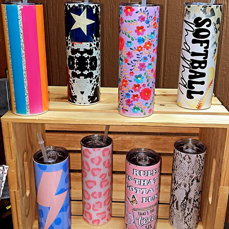 20oz sublimation skinny tumbler with plastic straw +rubber bottom