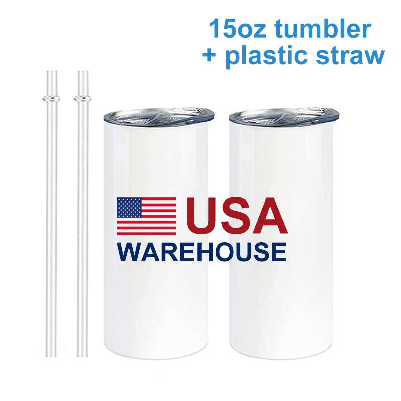 15oz sublimation skinny tumbler with plastic straw
