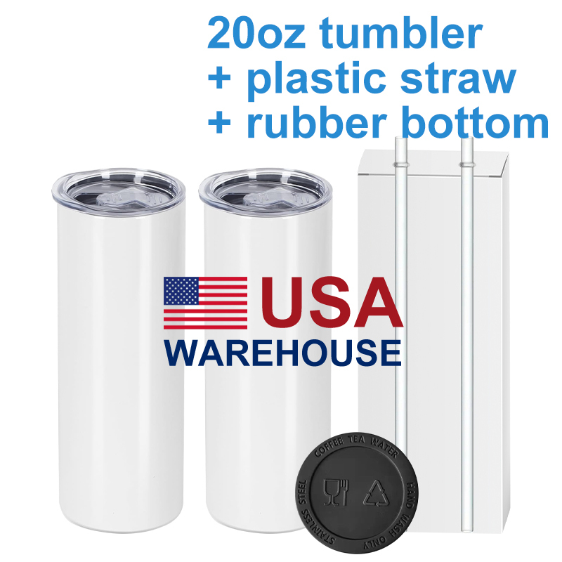 20oz sublimation skinny tumbler with plastic straw +rubber bottom