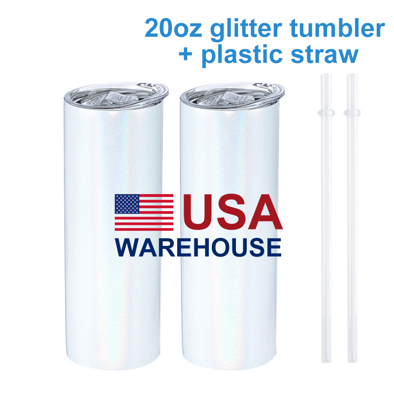 20oz sublimation white glitter tumbler with plastic straw