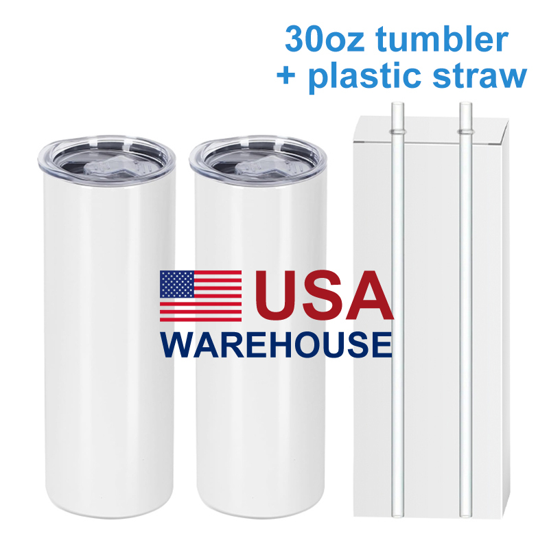 30oz sublimation skinny tumbler with plastic straw