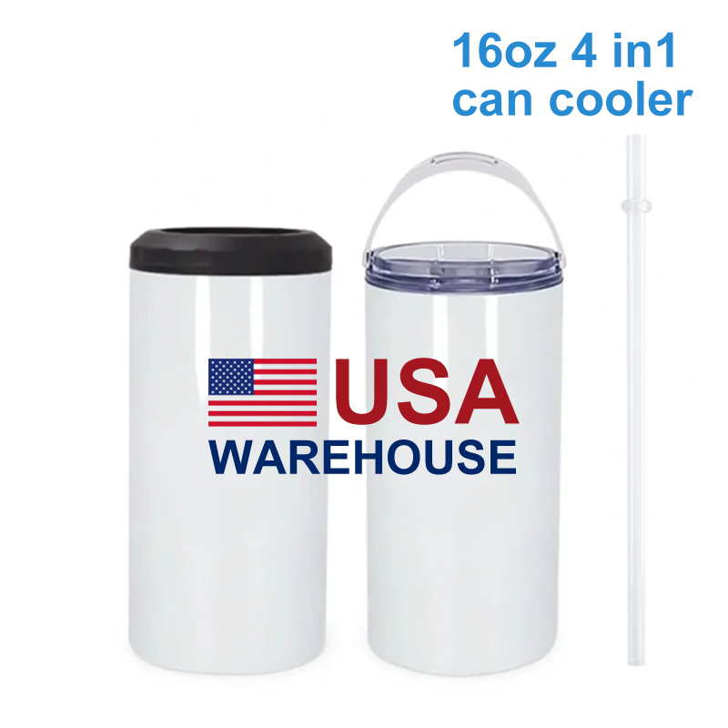 16oz 4 In 1 Sublimation Can Cooler Blanks With 2 Lids And Plastic Straws