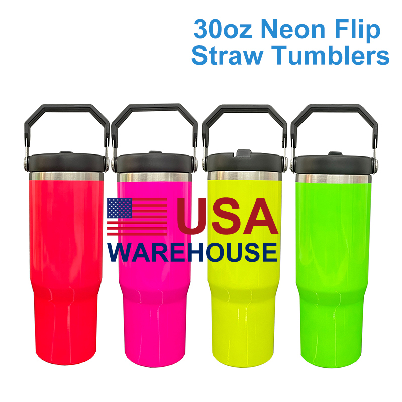 30oz neon colors flip straw water bottles blank sublimation kids tumblers