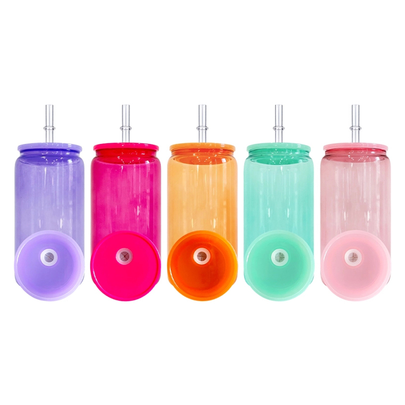16oz Colored Jelly Blank Sublimation Glass Cans  With PP Lids