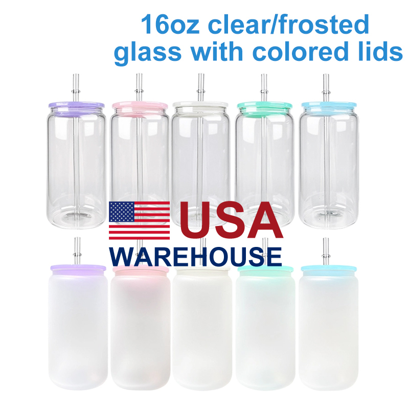 16oz Blank Sublimation Glass Cans With Colored lids