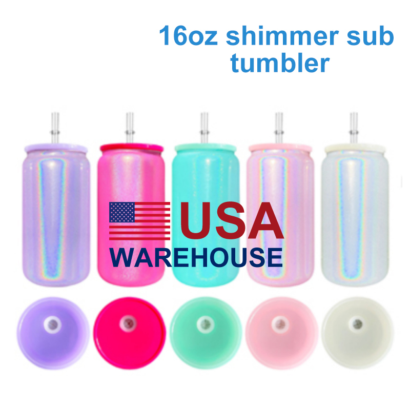 16oz Shimmer Sublimation Glass Can/Tumblers With PP Lids  Mixed 5colors