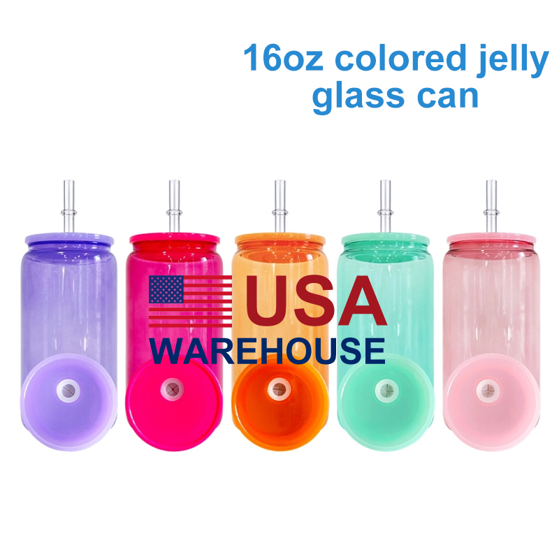 16oz Colored Jelly Blank Sublimation Glass Cans  With PP Lids