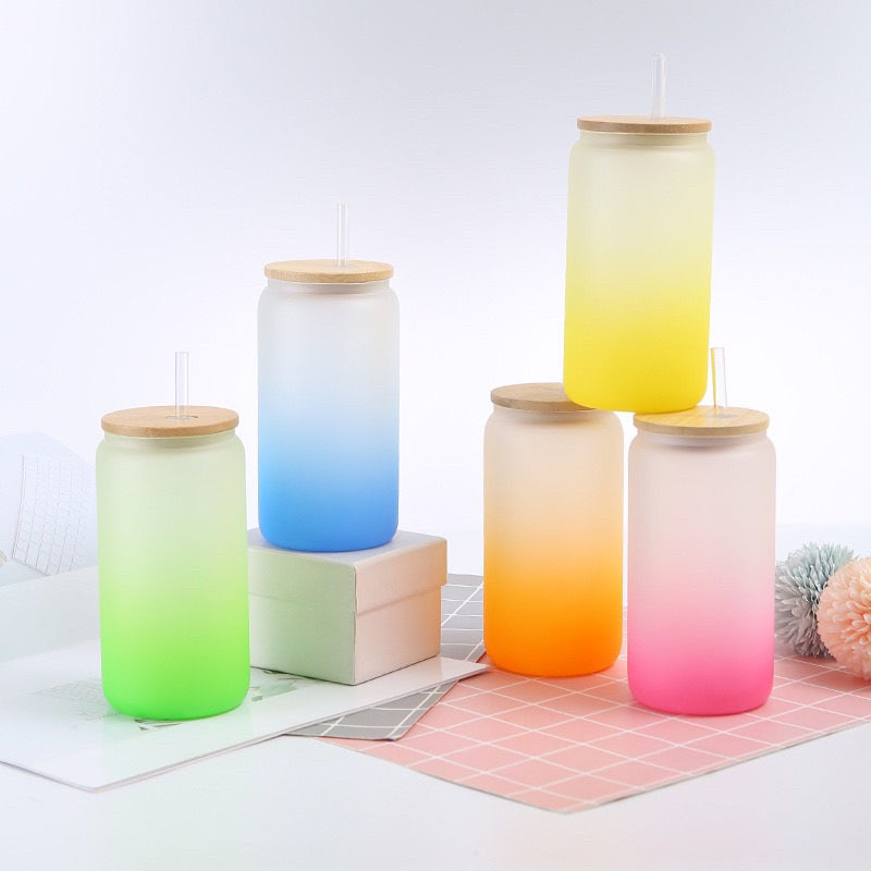 16oz Sublimation  Frosted Ombre Glass Can With Plastic Straw