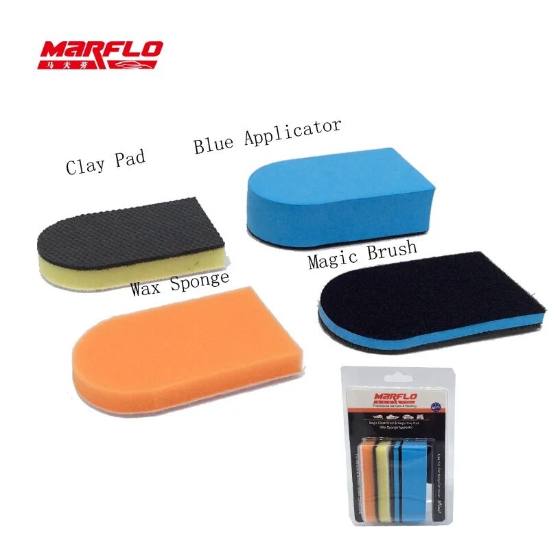 Marflo Nano Clean Detailing Brush Car Wash Mud Magic Clay Pad Wax Sponge Block With Applicator 3 Plus 1 Made By Brilliatech