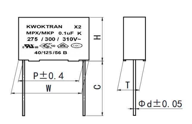 MPX(C4V)  金属化聚丙烯膜干扰电容器（X2类，275/300/310VAC125s℃）Metallized polypropylene film interference capacitor (X2 class, 275/300/310VAC 125s ℃)