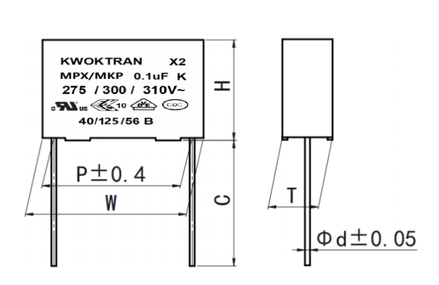 MPX(C4V)  金属化聚丙烯膜干扰电容器（X2类，275/300/310VAC125s℃）Metallized polypropylene film interference capacitor (X2 class, 275/300/310VAC 125s ℃)