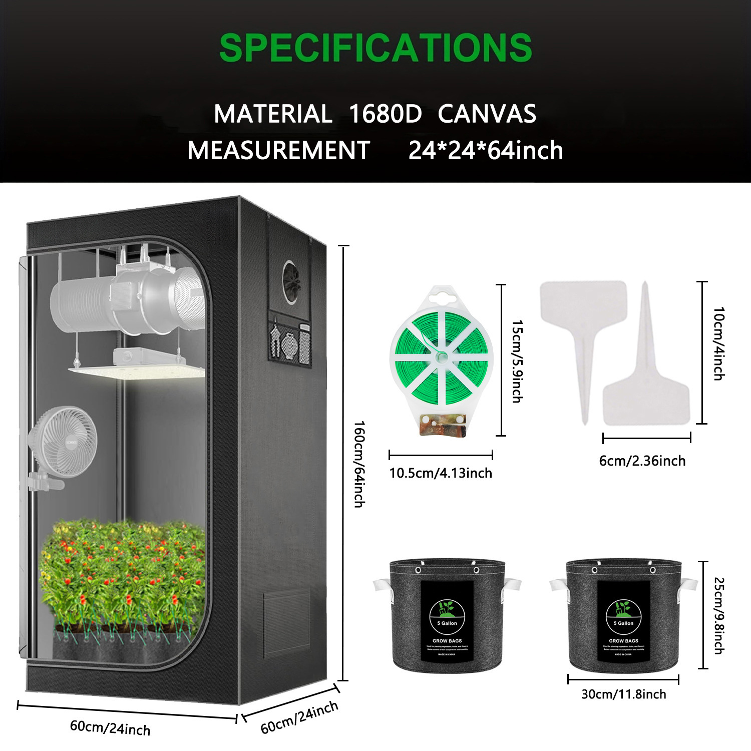60x60x160cm Grow Tent - 1280D Heavy-Duty Hydroponic System w/ 98% Light Blocking | Mylar Reflective Indoor Plant Greenhouse