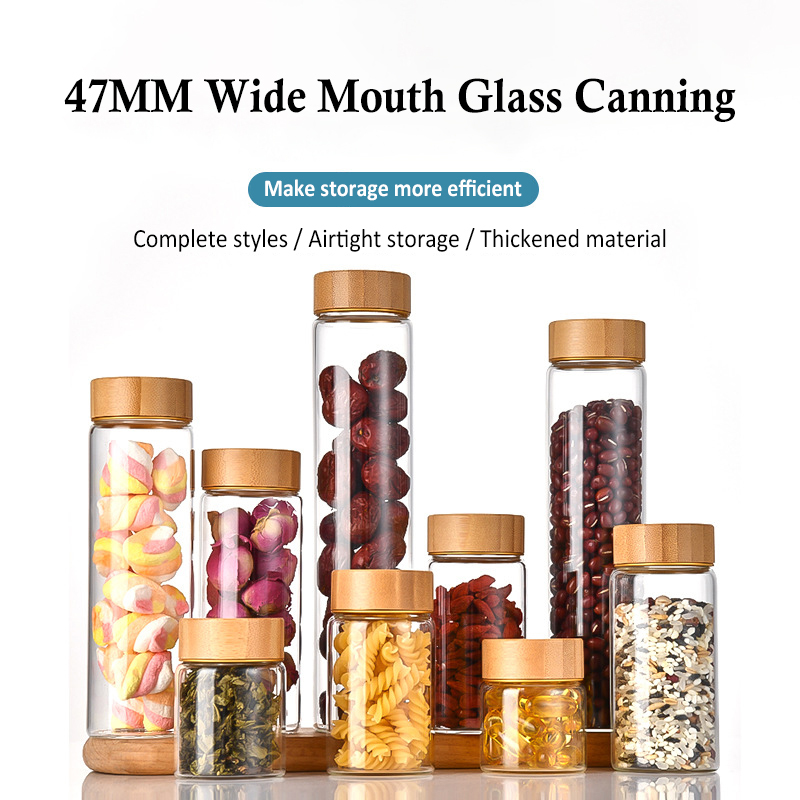 47MM Wide Mouth Glass Canning / Mason Jar with Wood Packaging Bottle Grain Lid 100/Pack 50ml / 60ml / 90ml / 100ml / 120ml / 130ml / 150ml / 200ml / 240ml / 260ml