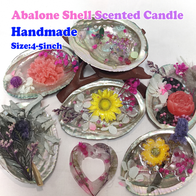 Abalone Shell Scented Candle with Flowers / Healing Crystals / Seashell Artisan Candle Soy Wax + Beeswax Hand-Poured Size Lengh 4-5inch