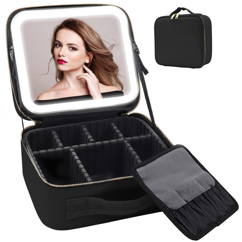 Makeup Bag with Mirror and Light Travel Makeup Train Case Cosmetic Organizer Portable Artist Storage Bag with Adjustable Dividers Makeup Brushes Storage Organizer