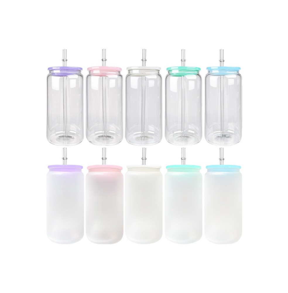 Fiona 16oz Sublimation Clear Frosted Glass Cups With Mixed Colored PP Lids USA Warehouse Stocked