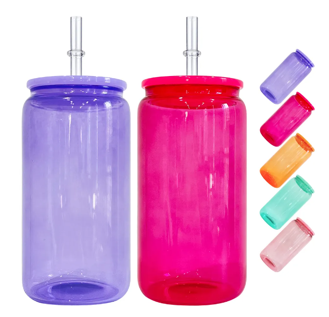 Fiona 16oz Sublimation Colored Glass Cups With Mixed Colored PP Lids USA Warehouse Stocked