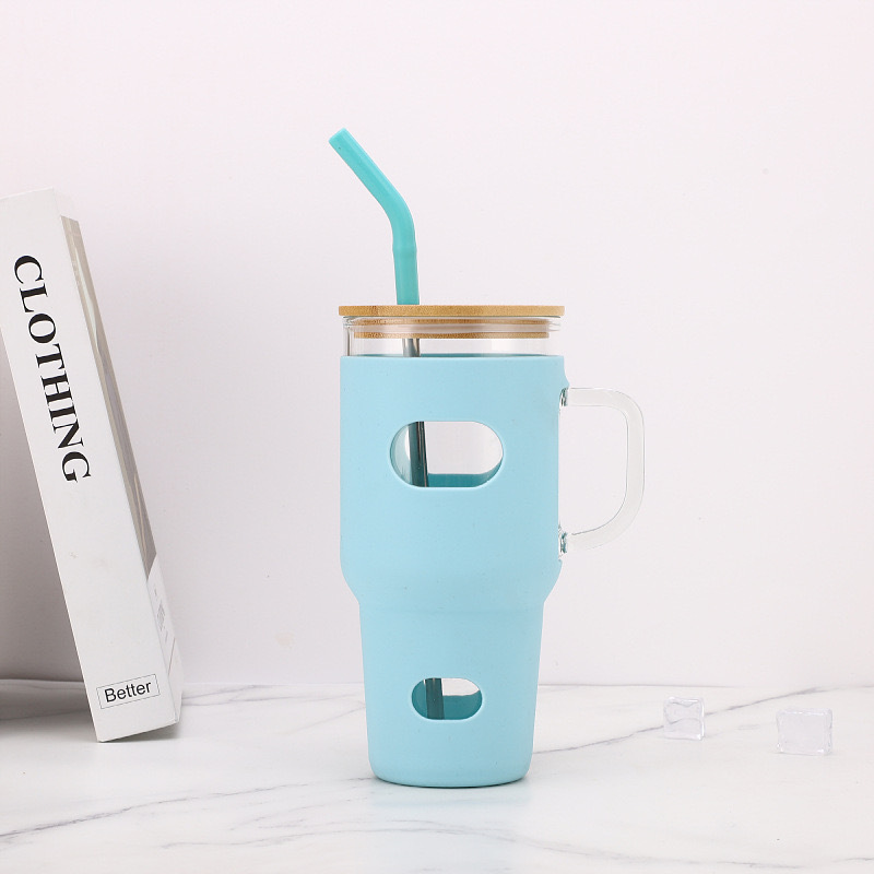 Fiona 32oz Glass Cups With Bamboo Lids and Handles Mixed Color USA Warehouse Stocked