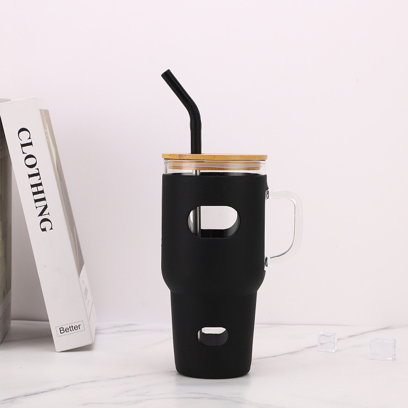 Fiona 32oz Glass Cups With Bamboo Lids and Handles Mixed Color USA Warehouse Stocked