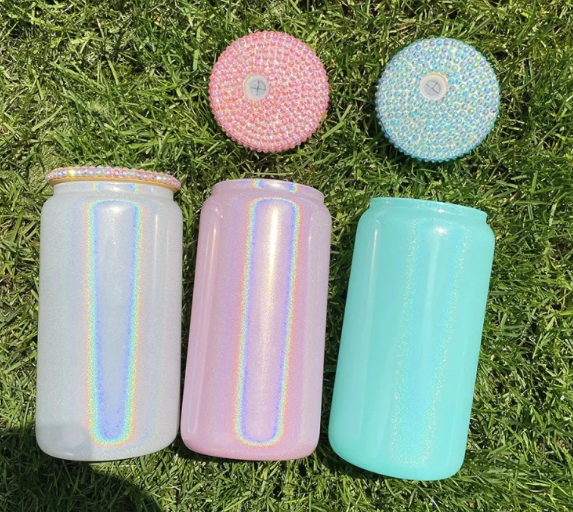 Fiona 16oz Sublimation Shimmer Glitter Glass Cups With Mixed Colored Rhinestone Bling Lids USA Warehouse Stocked