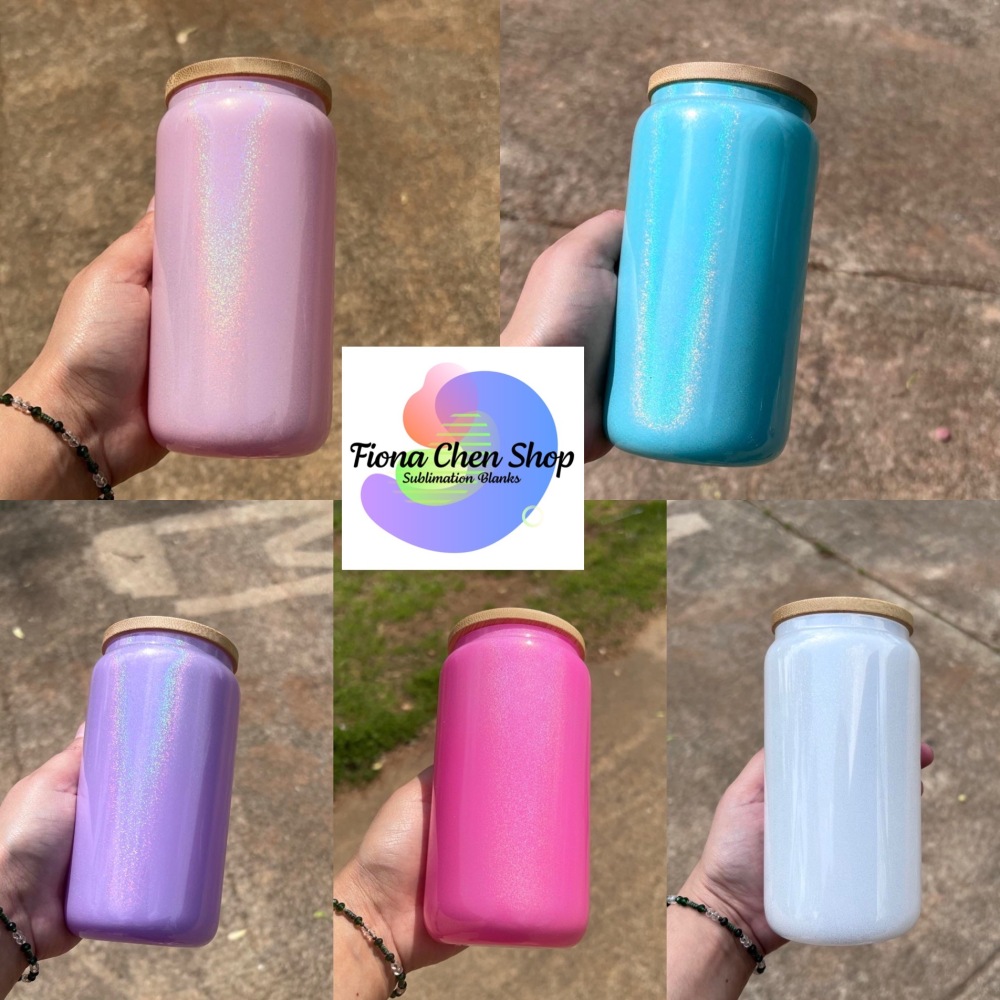 Fiona 16oz Sublimation Glitter Glass Cups with Bamboo Lids USA Warehouse Stocked