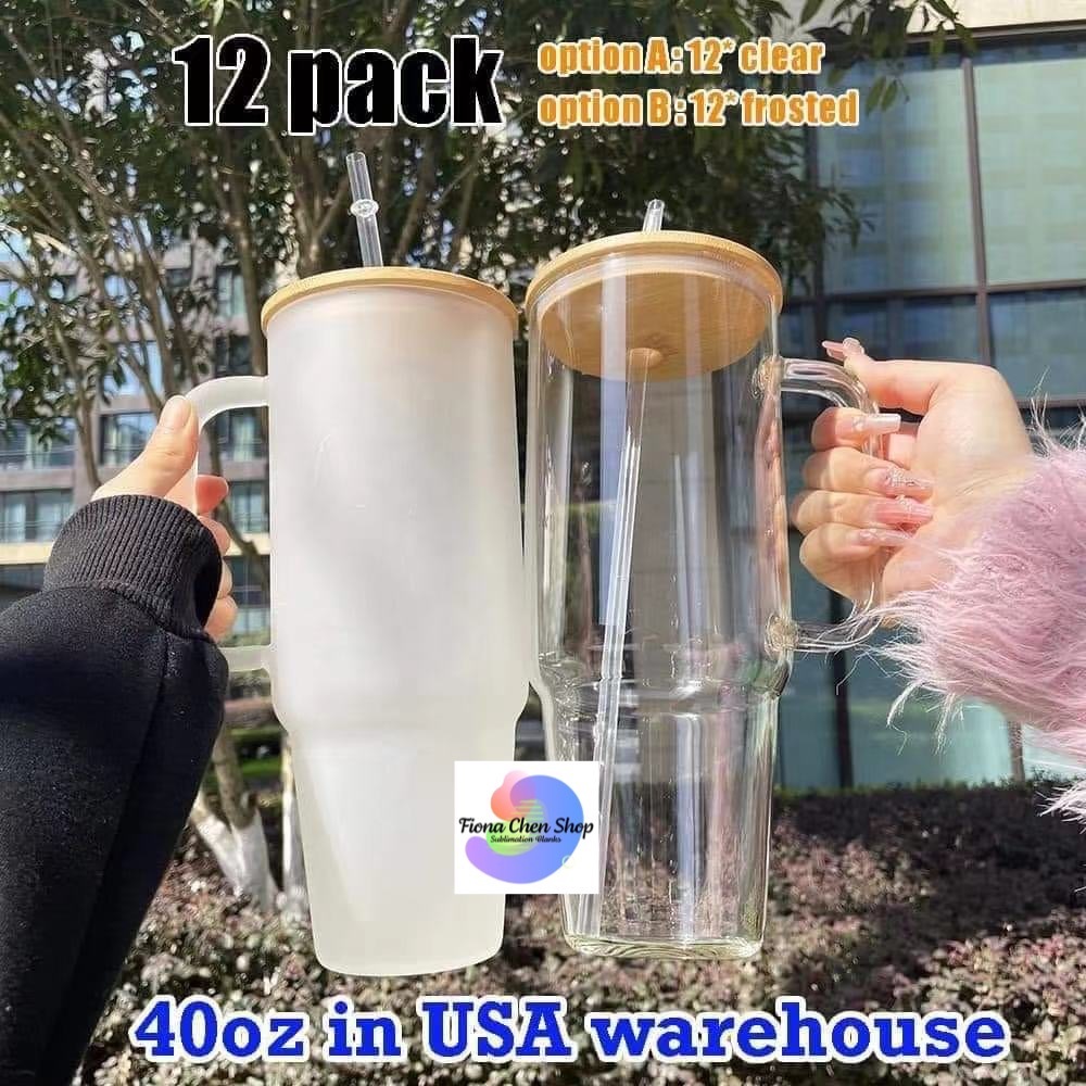 Fiona 40oz Clear Frosted Sublimation Glass Mugs with Handles USA Warehouse Stocked