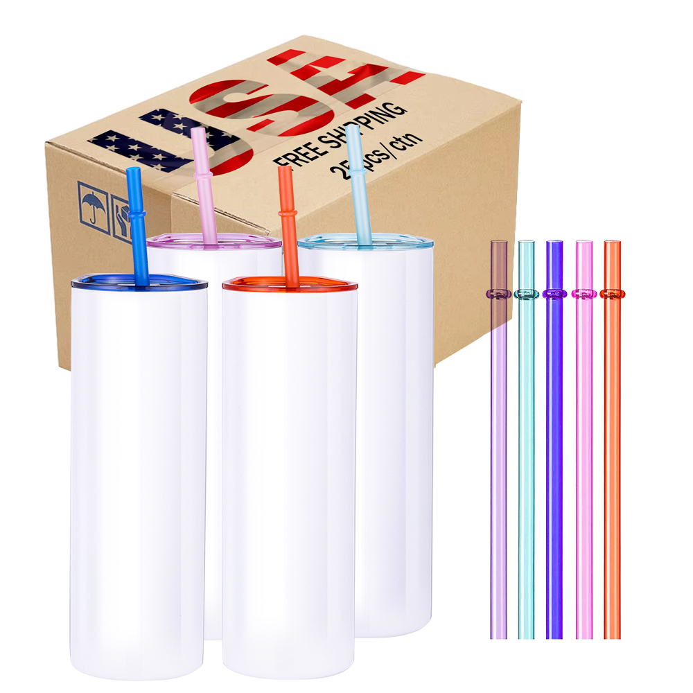 Fiona 20oz Sublimation Straight Tumblers with Mixed Colored Lids, Straws and White Boxes USA Warehouse Stocked