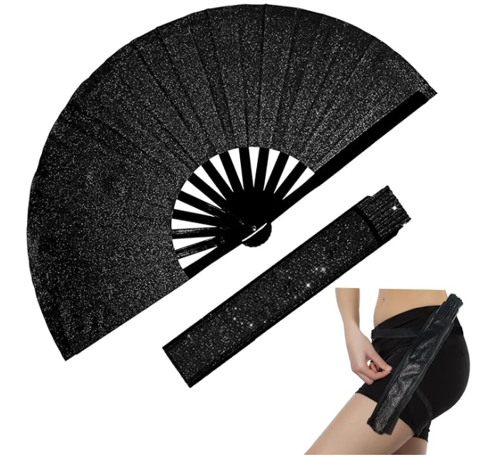 Fiona 13 inches Folding Glitter Clacking Fans with Leg Strap and Fabric Carriers Case Bag for Line Dancing Air Ship
