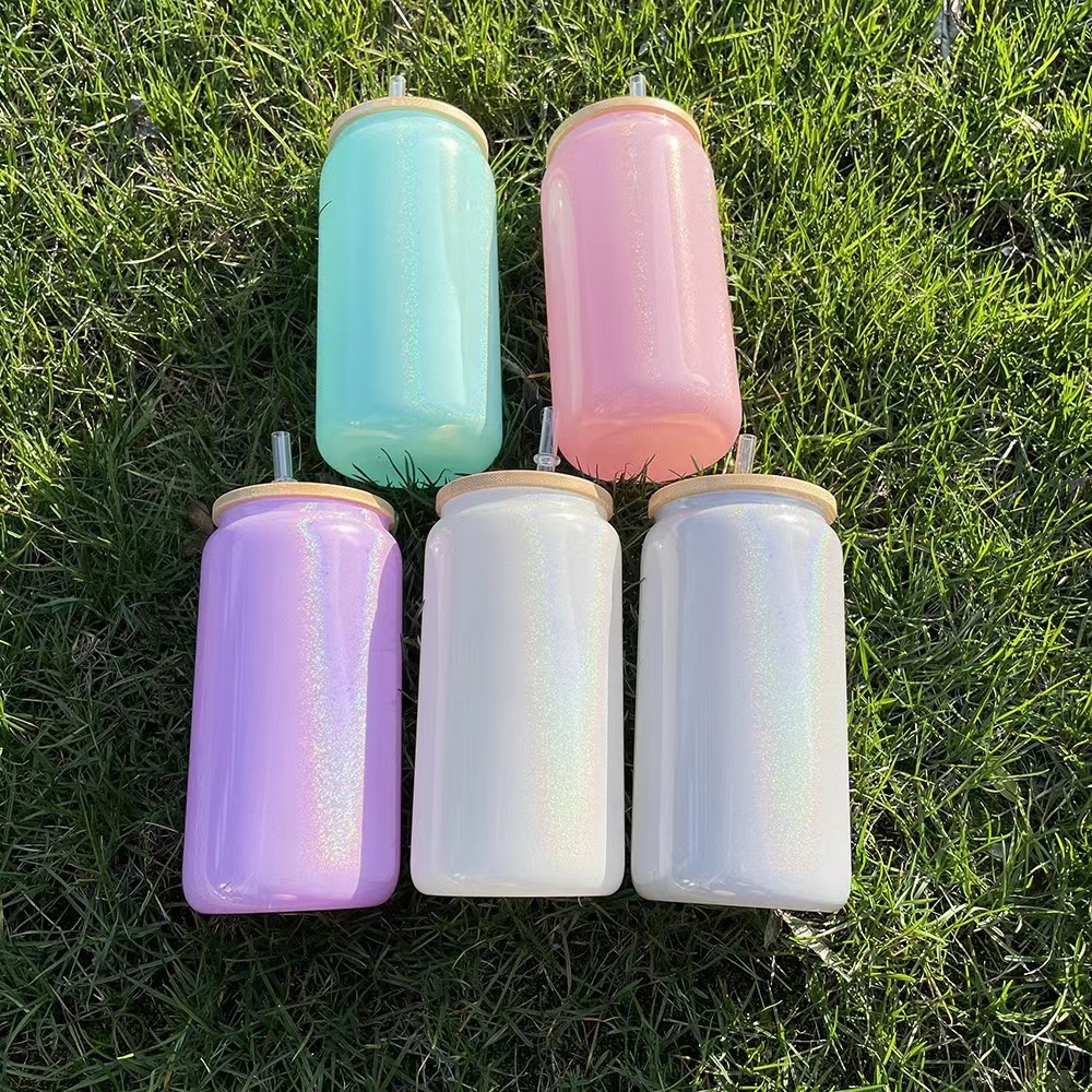 16OZ Mixed Colored Shimmer Glass Can With Bamboo Lid Shipped From US Warehouse